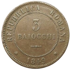 Seconda Repubblica Romana - 3 Baiocchi 1849 Var. 3 stretto